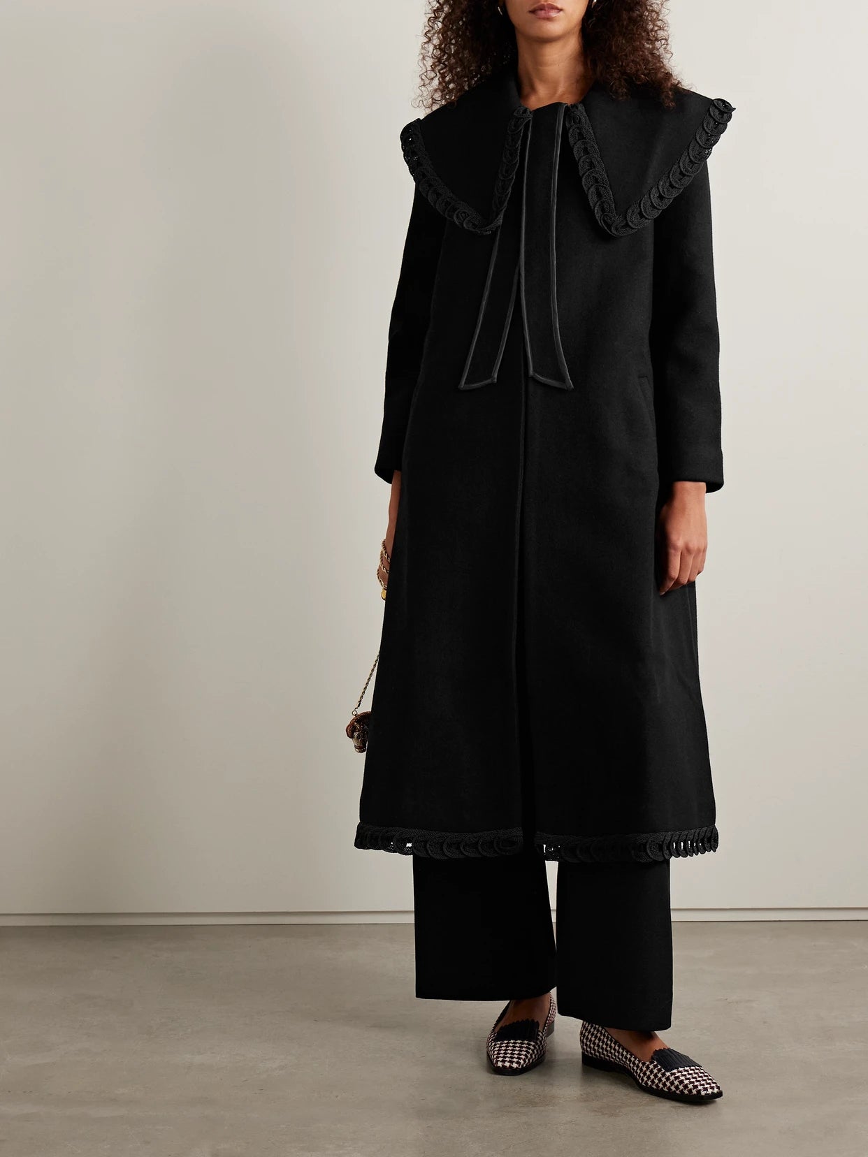 Image of Coats & Jackets. Product name - Dover Belted Embroidered Wool Coat in Black colour by brand - BODE