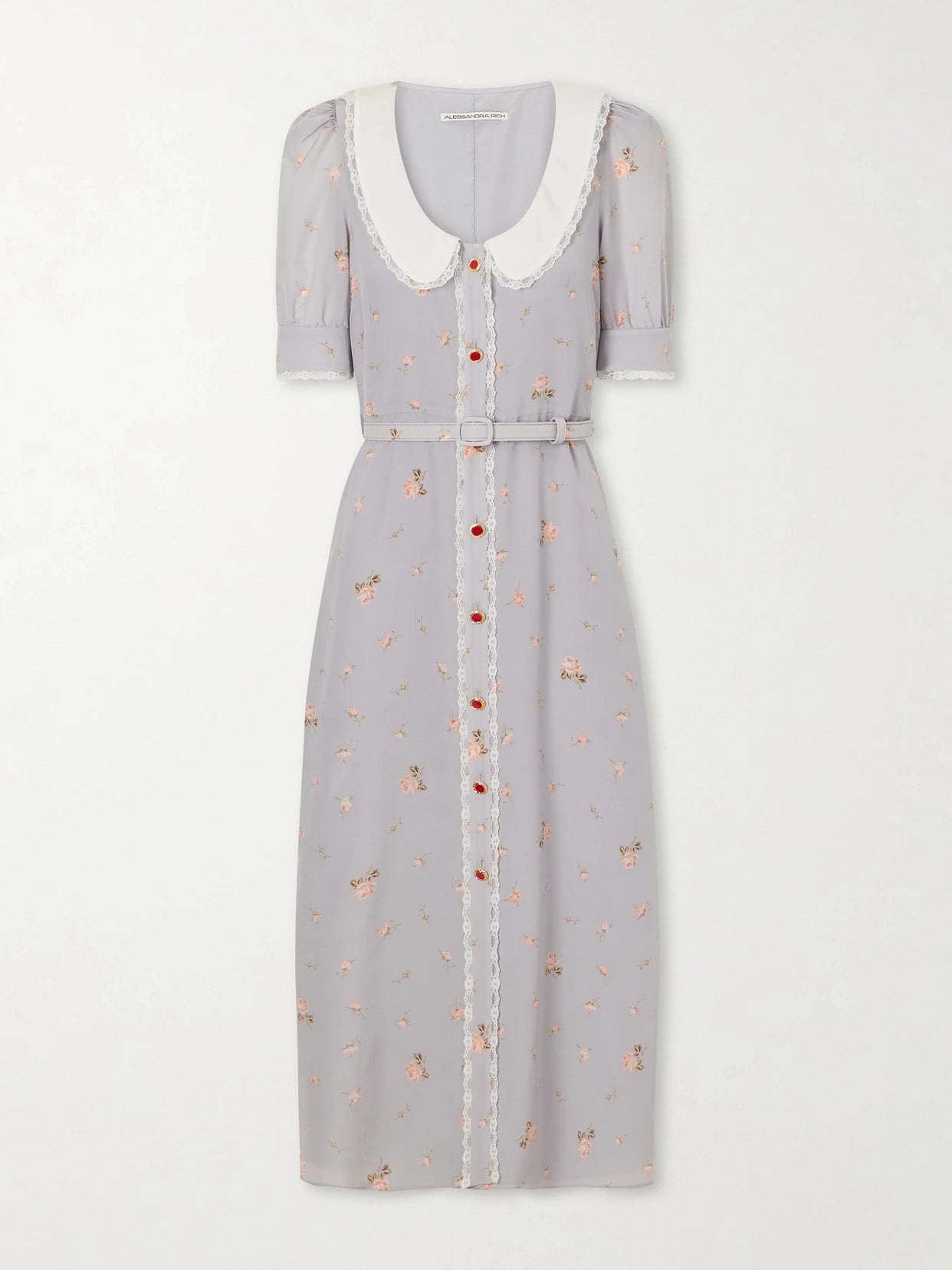 Belted Floral-print Lace-trimmed Silk-crepe De Chine Midi Dress