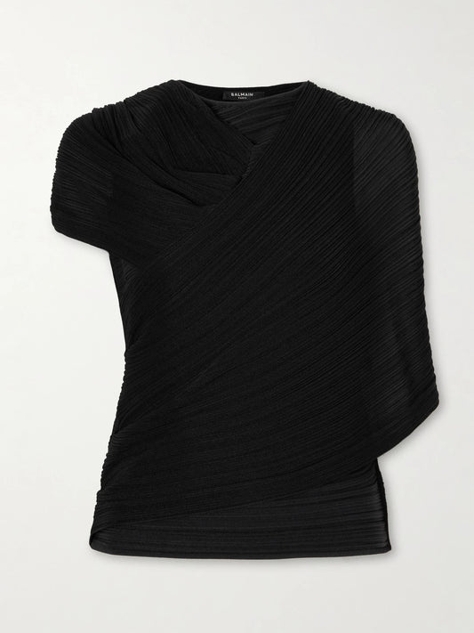 Image of a model wearing Tops. Product name - Draped Ribbed Jersey Blouse in Black colour by brand - Balmain