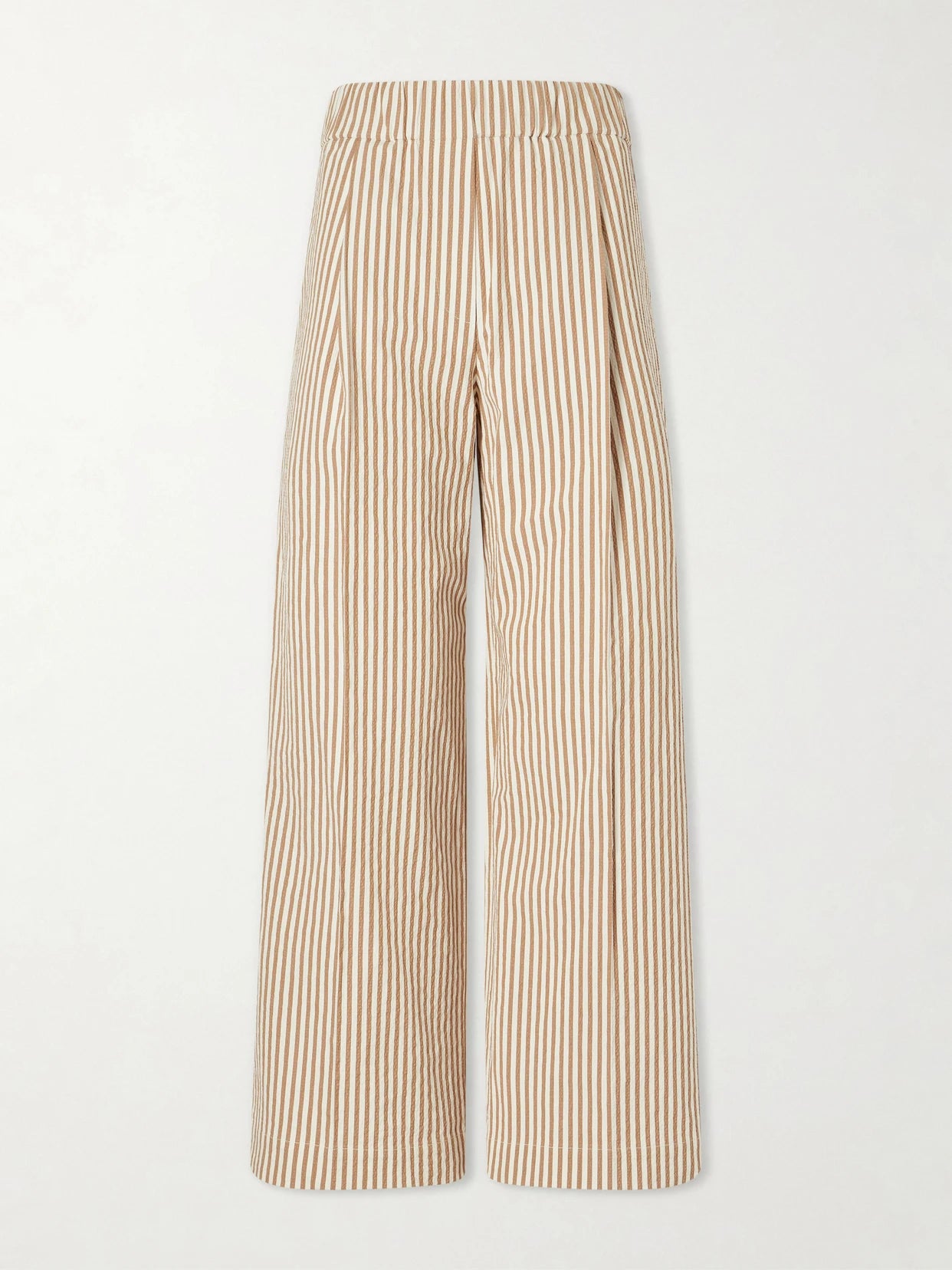 Image of a model wearing Pants. Product name - Cropped Pleated Striped Cotton-blend Wide-leg Pants in Beige colour by brand - Brunello Cucinelli