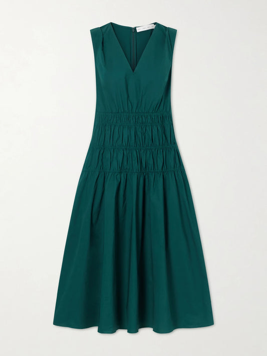 Image of Dresses. Product name - Loren Shirred Cotton-blend Poplin Midi Dress in Green colour by brand - Proenza Schouler White Label