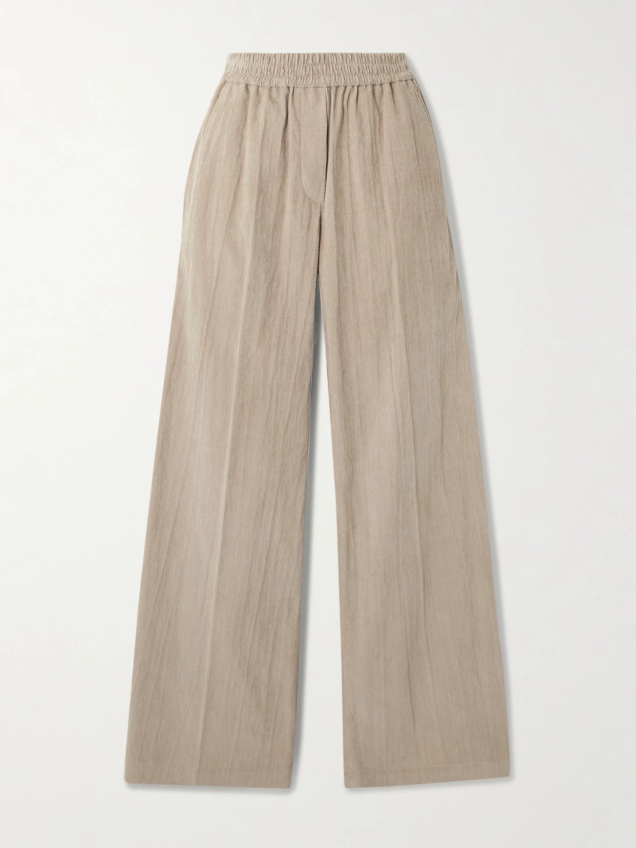 Image of a model wearing Pants. Product name - Gathered Cotton-blend Corduroy Wide-leg Pants in Beige colour by brand - Brunello Cucinelli