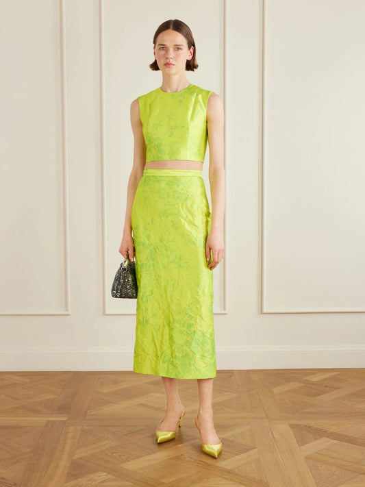 Image of a model wearing Tops. Product name - Floral-print Crinkled-satin Top in Lime green colour by brand - Erdem