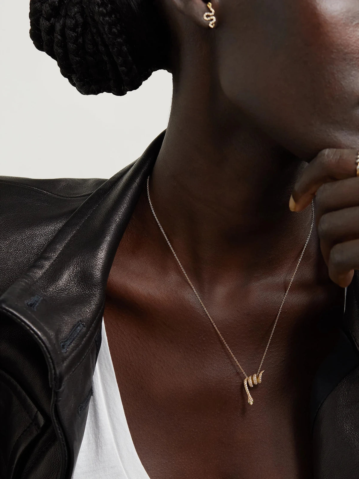 Image of Necklaces. Product name - Curled Snake 18-karat Gold, Diamond And Tsavorite Necklace in Multi colour by brand - Ileana Makri