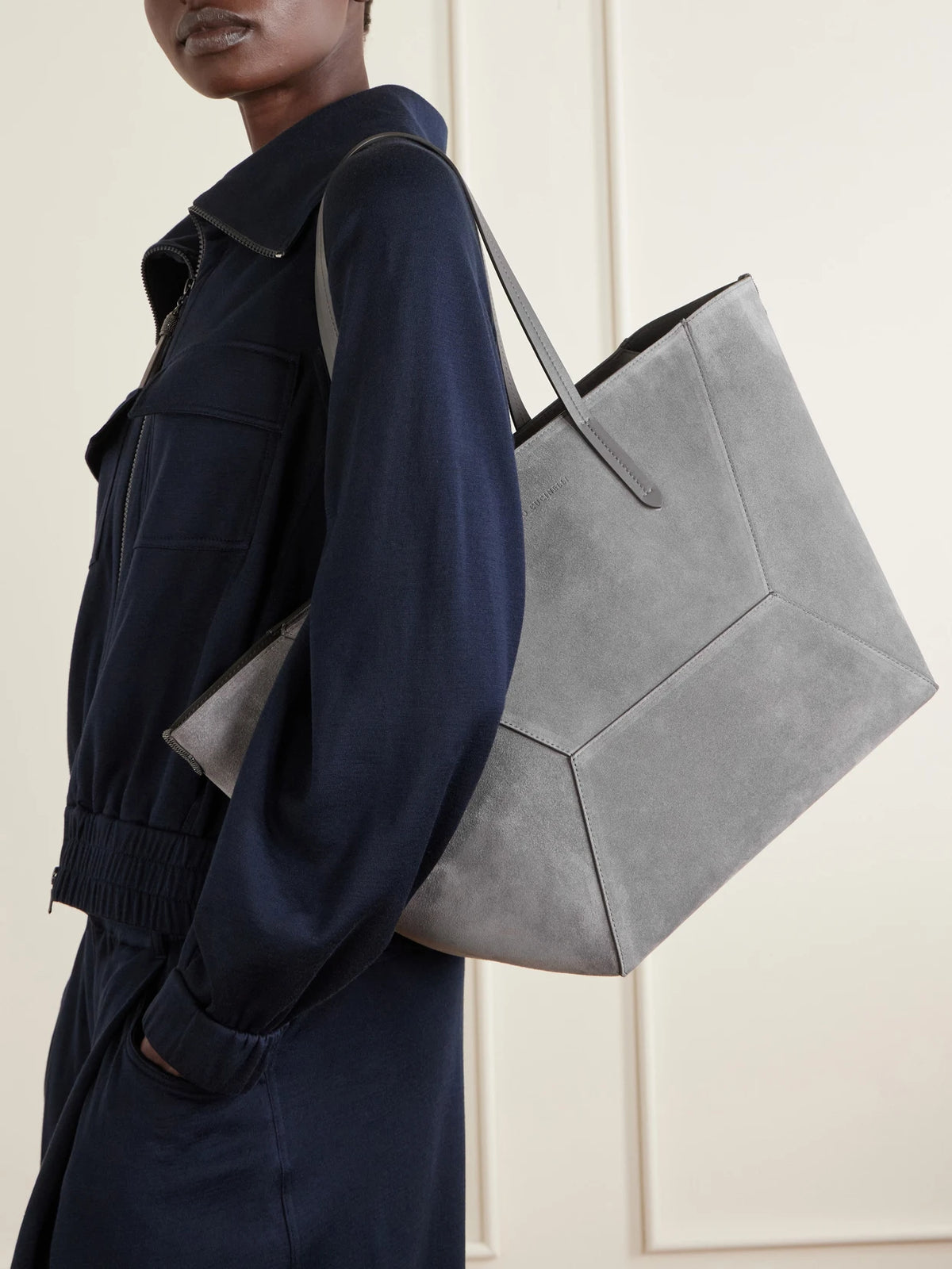 Image of Bags. Product name - Maxi Suede Tote in Gray colour by brand - Brunello Cucinelli