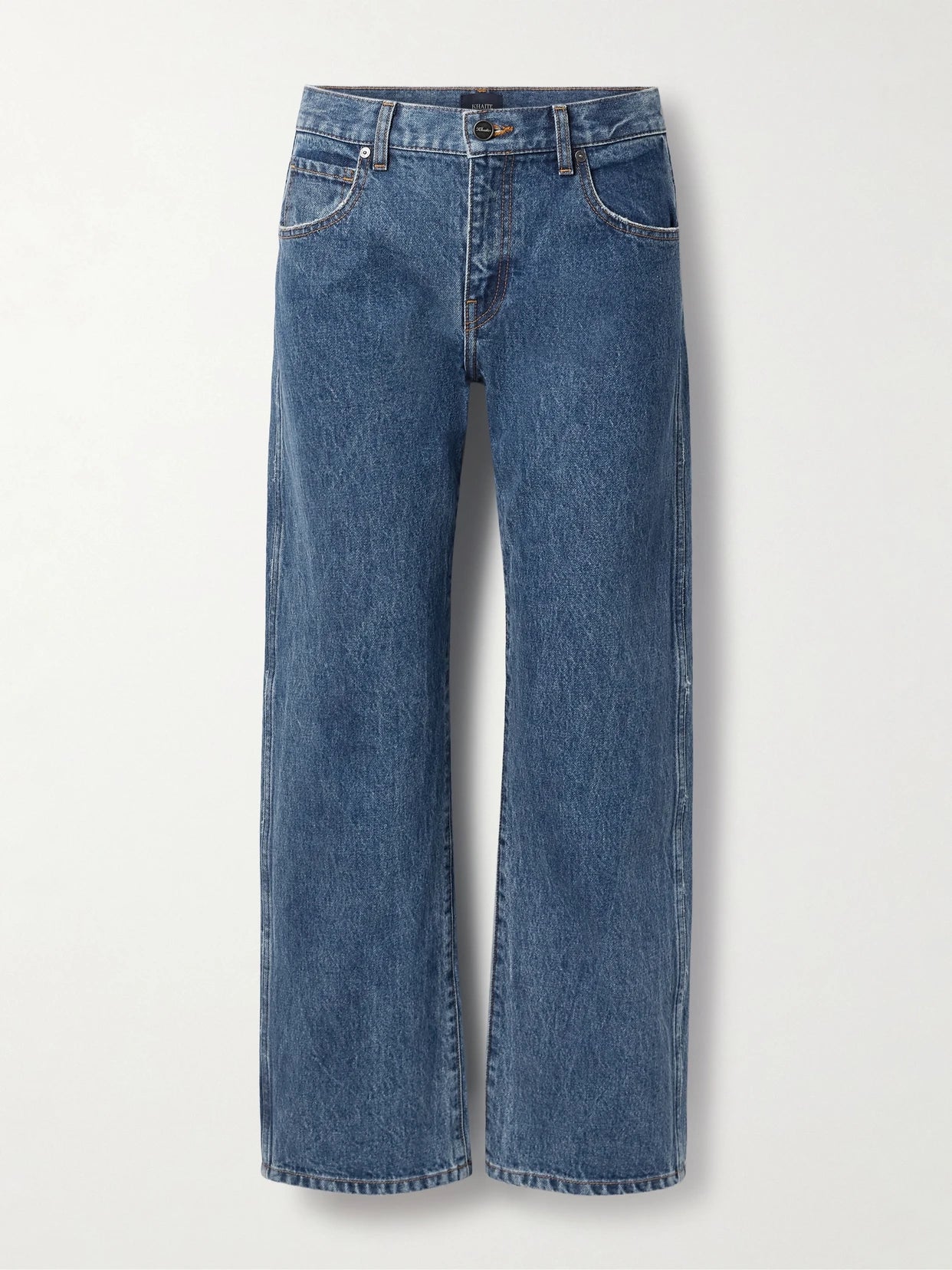 Image of Jeans. Product name - Kerrie Distressed Low-rise Straight-leg Jeans in Blue colour by brand - KHAITE