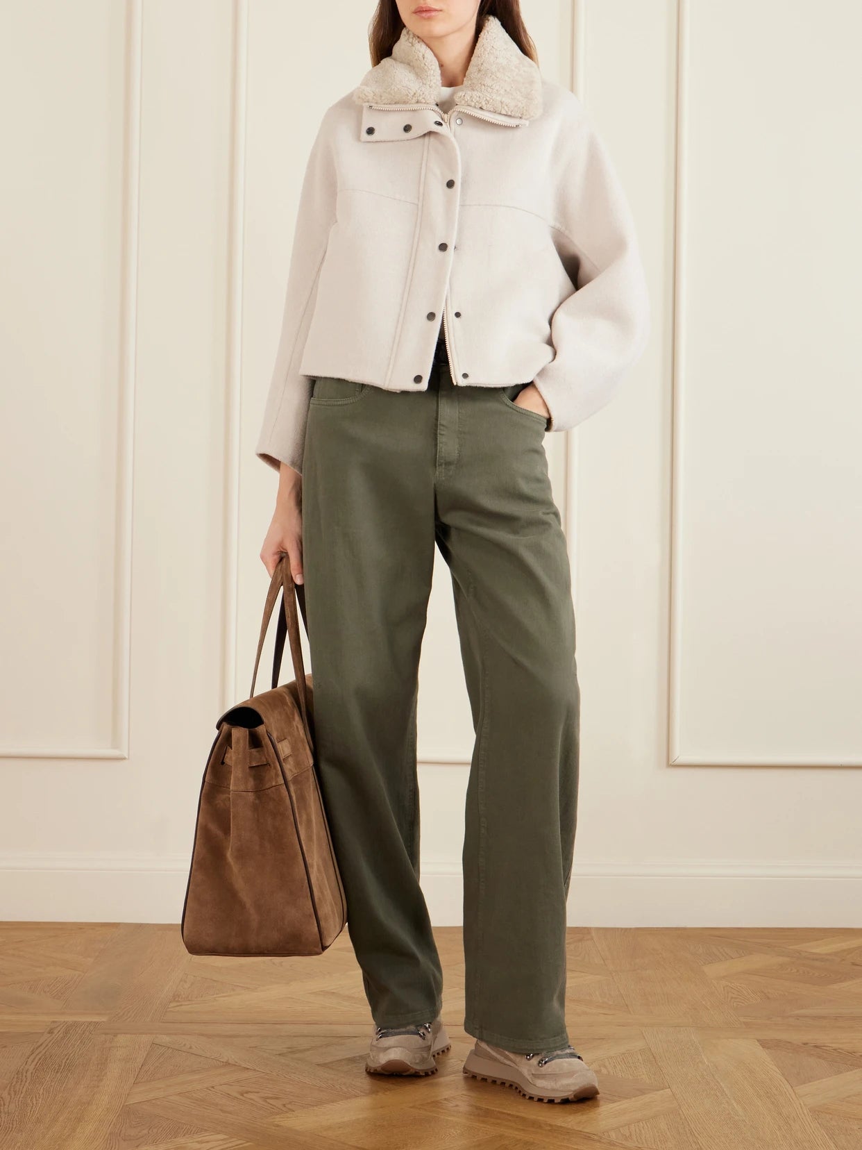 Image of Coats & Jackets. Product name - Shearling-trimmed Wool And Cashmere-blend Jacket in Off-white colour by brand - Brunello Cucinelli