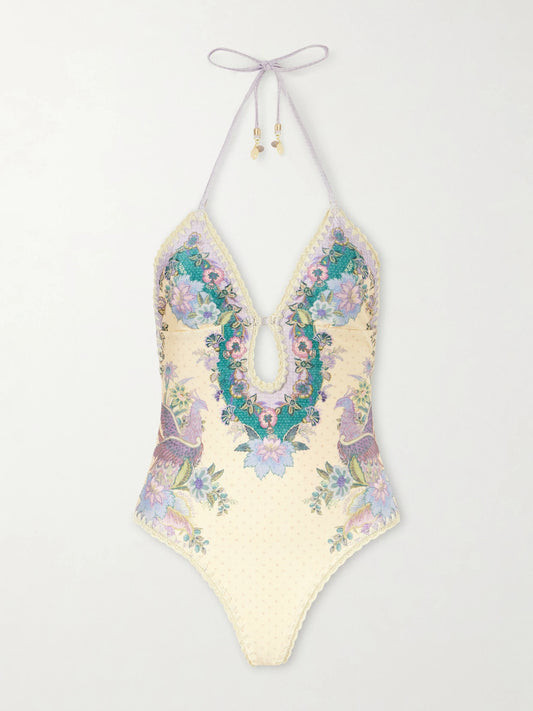 Indra Floral-print Crochet-trimmed Swimsuit