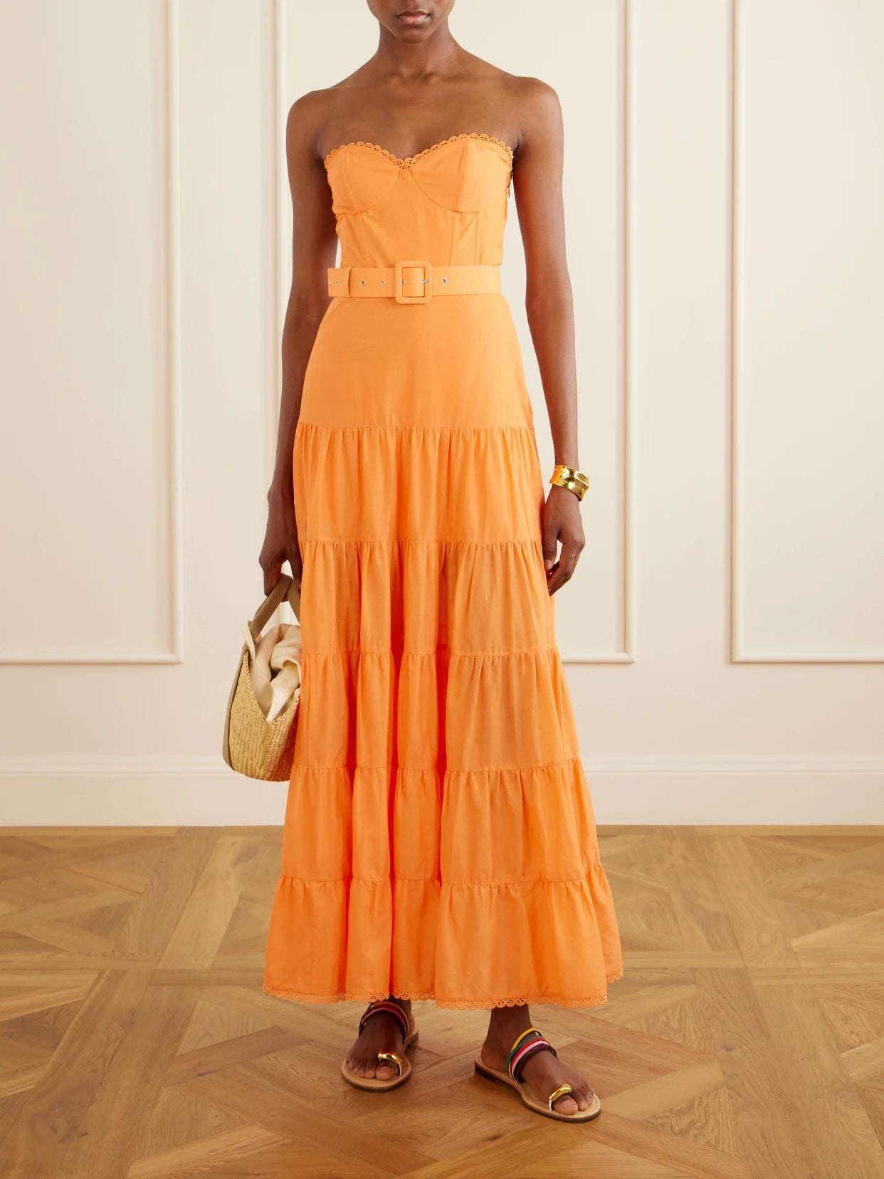 Image of Dresses. Product name - Danny Guipure Lace-trimmed Cotton-blend Voile Midi Dress in Orange colour by brand - Charo Ruiz