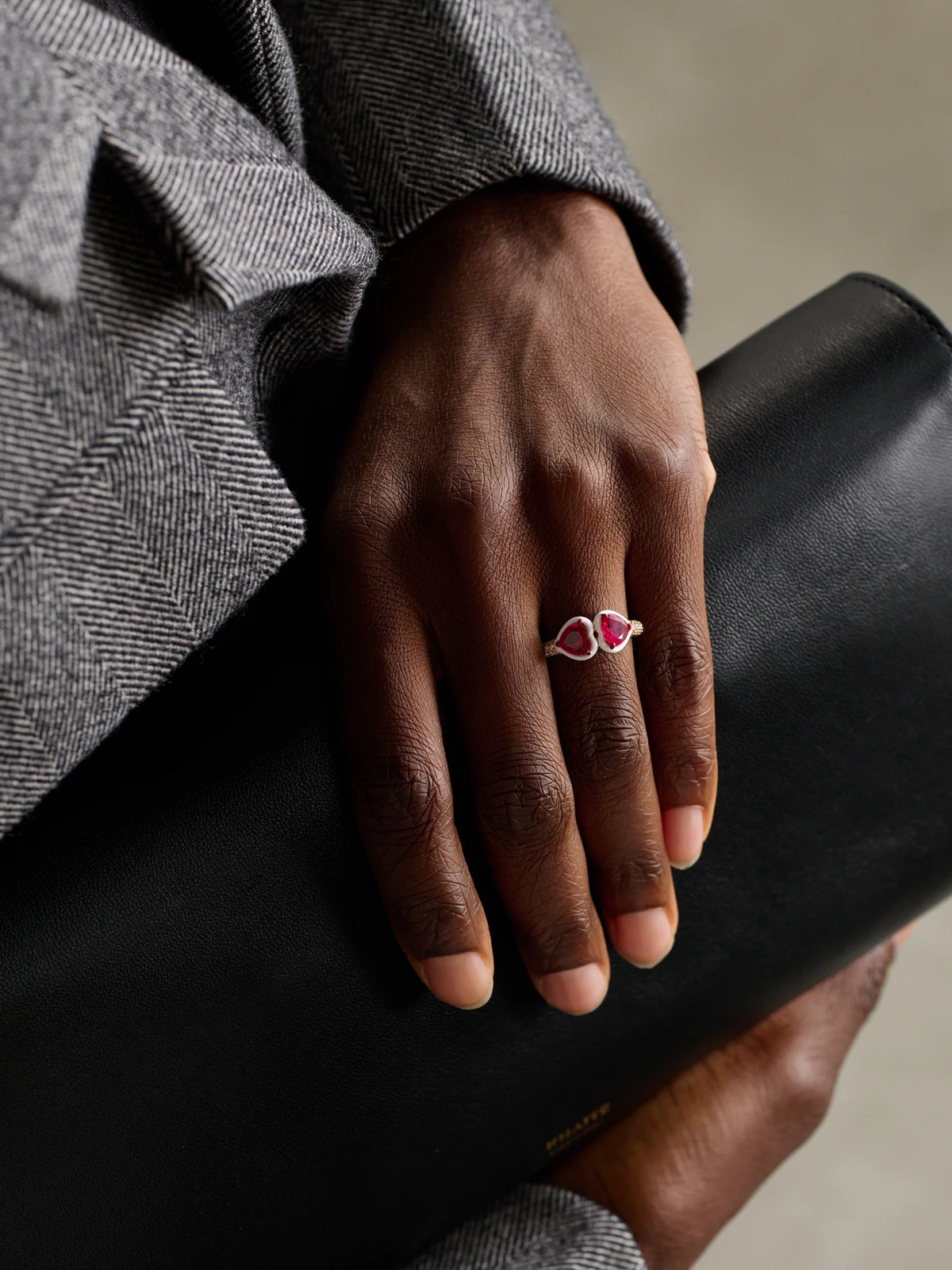 Image of Rings. Product name - Twin Heart 18-karat Rose Gold, Ruby, Diamond And Enamel Ring in Multi colour by brand - Kamyen