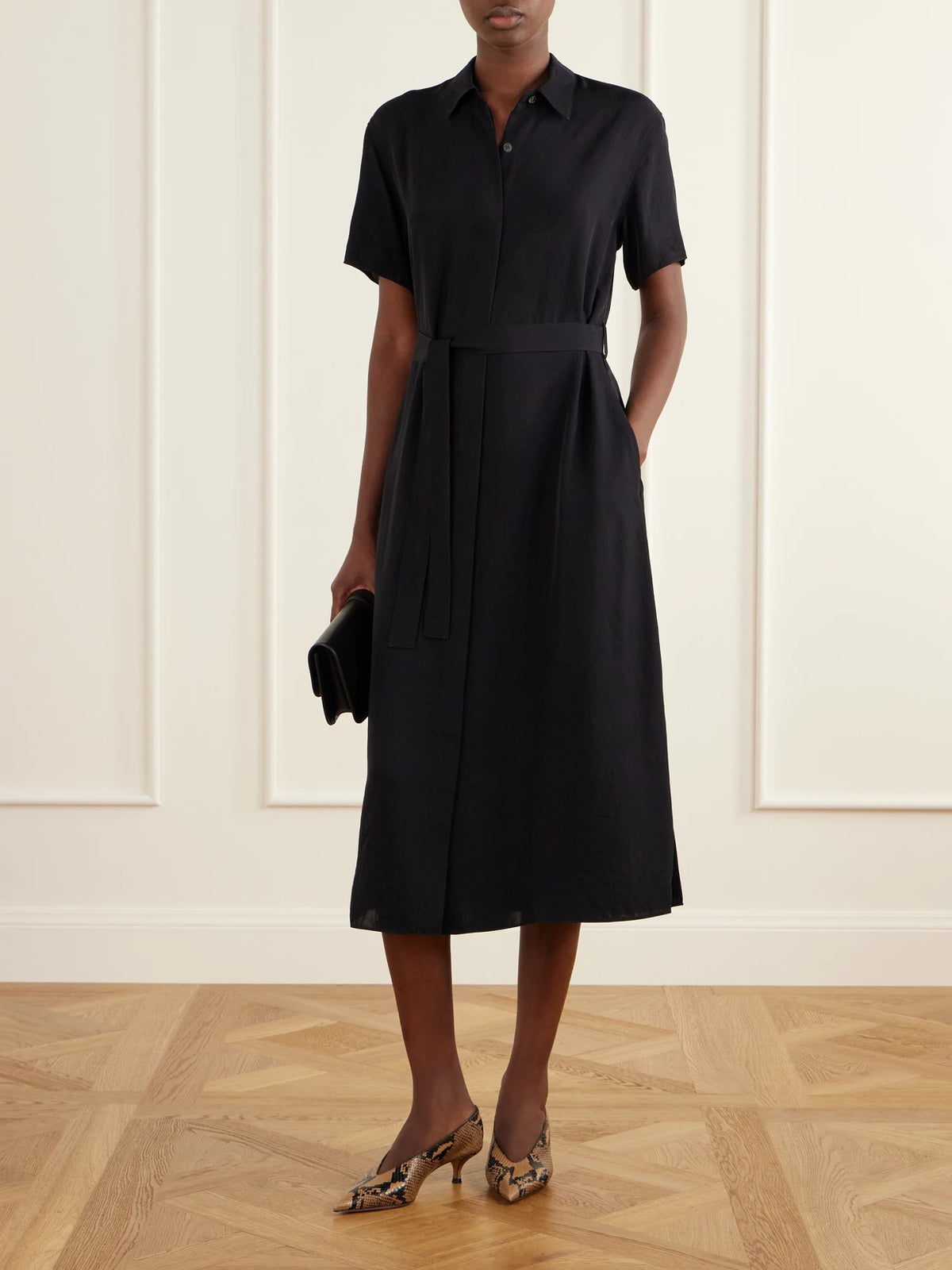 Image of Dresses. Product name - Belted Crepe Midi Dress in Black colour by brand - Theory