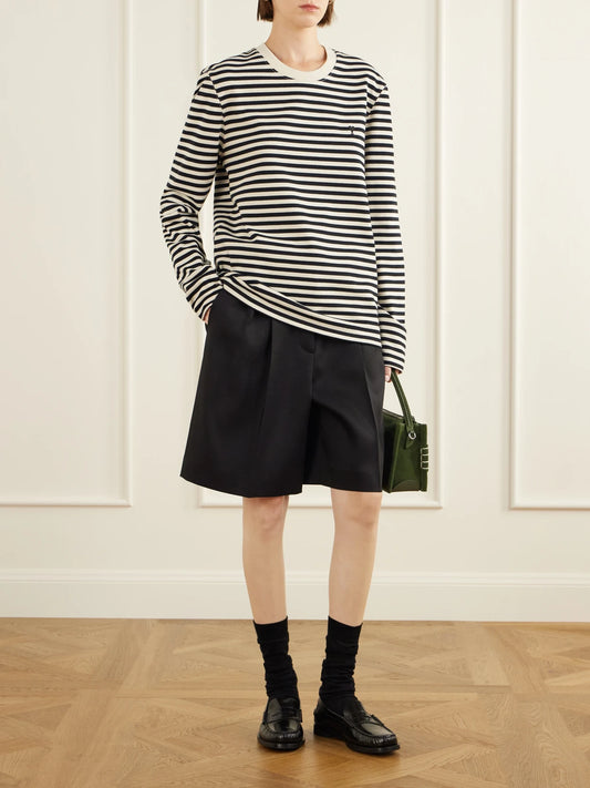 Image of Sleepwear & Loungewear. Product name - Logo-embroidered Striped Cotton-jersey T-shirt in Black colour by brand - AMI PARIS