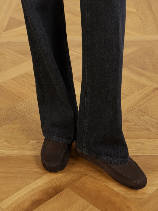 Image of Flats. Product name - Leo Shearling-lined Suede Loafers in Chocolate colour by brand - The Row