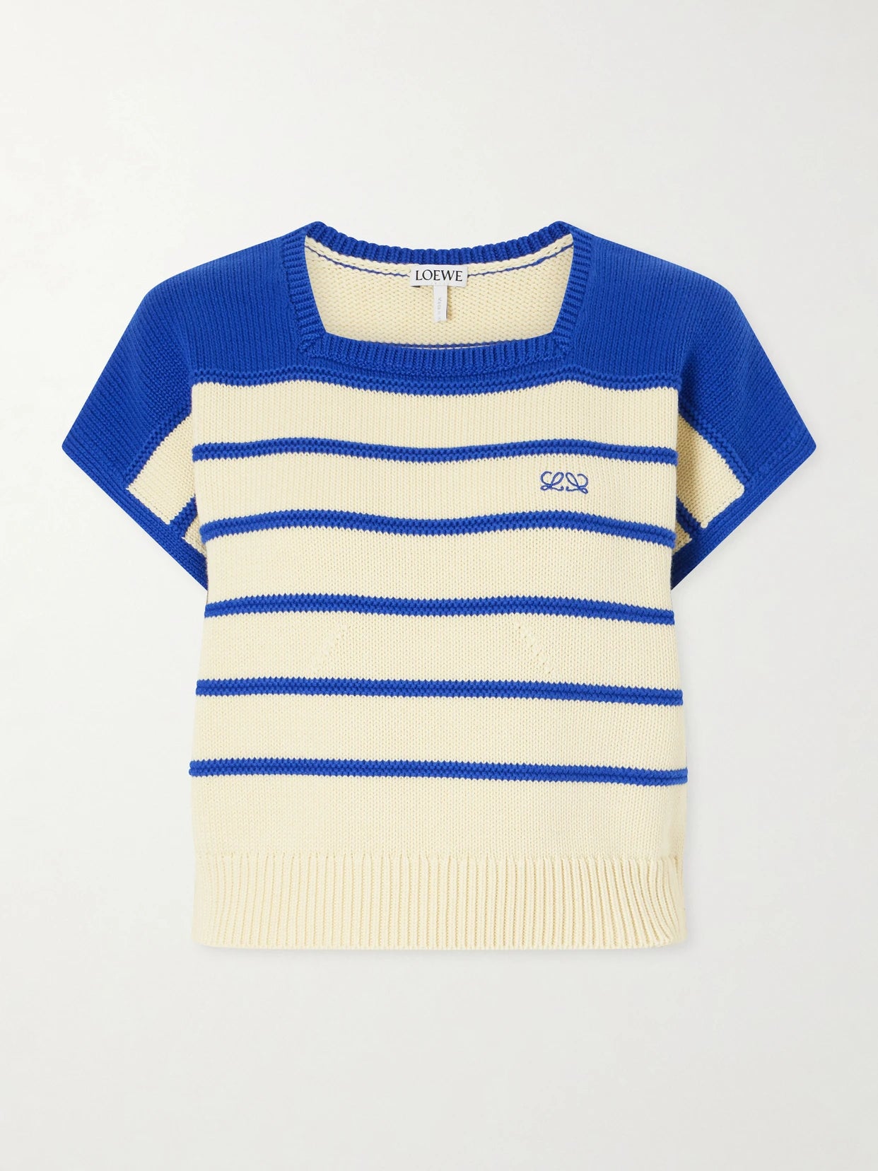 Image of a model wearing Outerwear. Product name - Anagram-embroidered Striped Cotton And Wool-blend Sweater in Yellow colour by brand - LOEWE