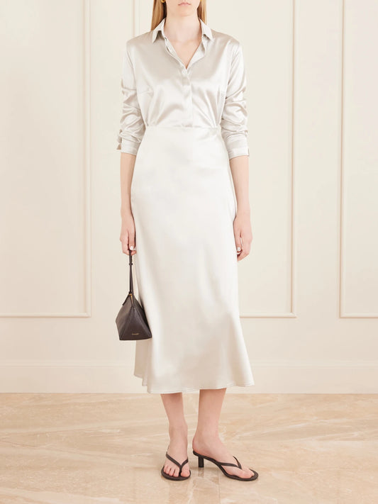 Image of a model wearing Tops. Product name - Bonnie Silk-blend Shirt in Gray colour by brand - THE PARK