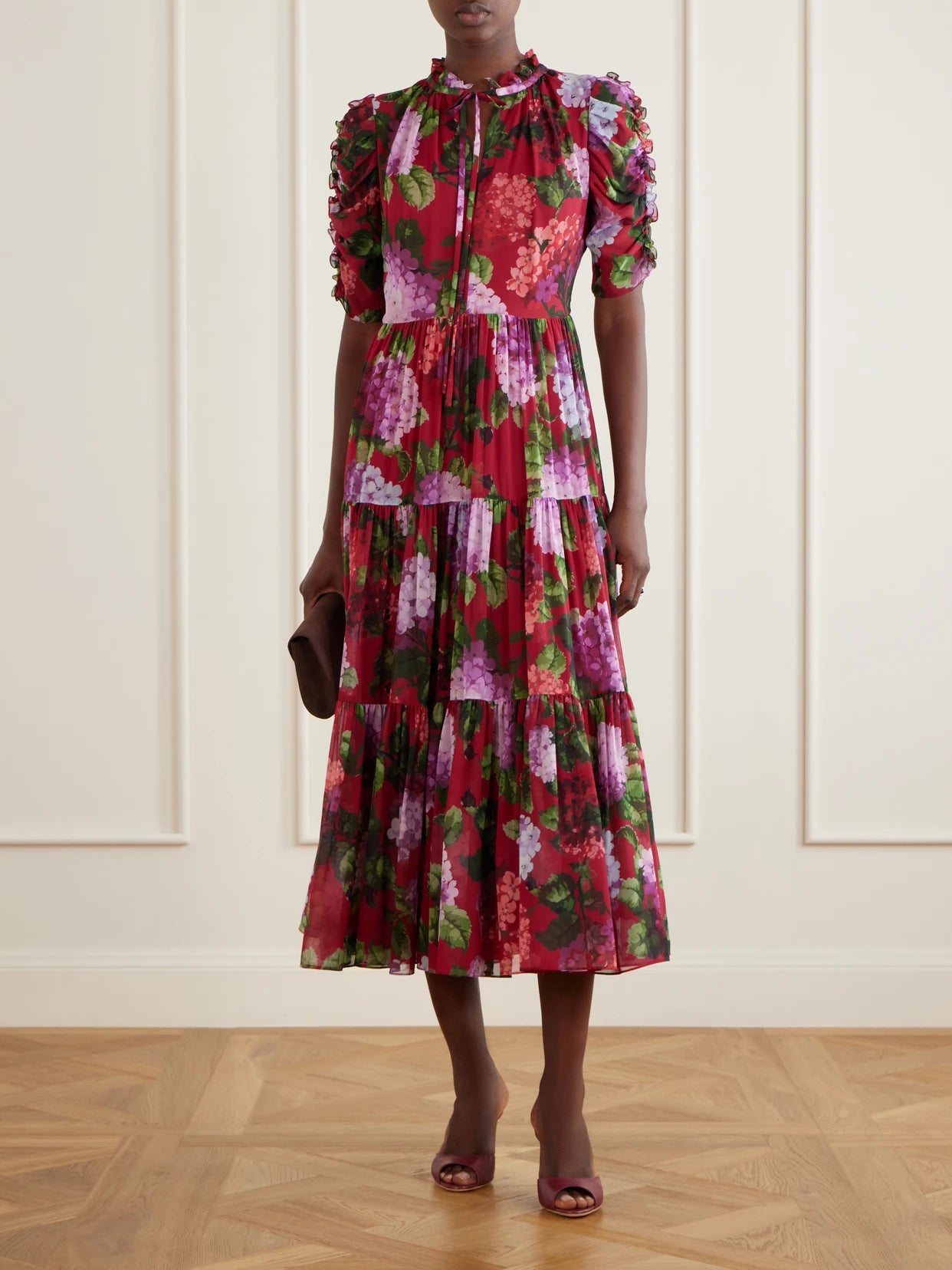 Image of Dresses. Product name - Tie-detailed Ruffled Tiered Floral-print Silk-chiffon Midi Dress in Multi colour by brand - Carolina Herrera