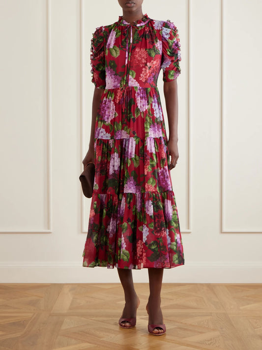 Image of Dresses. Product name - Tie-detailed Ruffled Tiered Floral-print Silk-chiffon Midi Dress in Multi colour by brand - Carolina Herrera