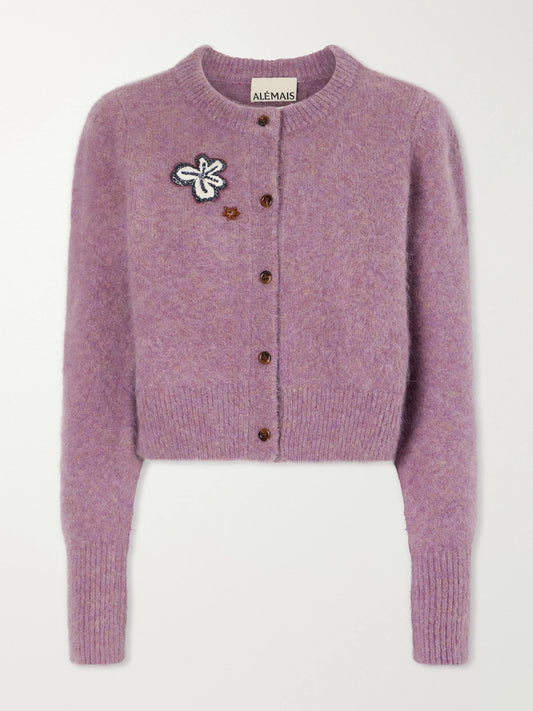 Image of a model wearing Outerwear. Product name - Reggie Sequin-embellished Mohair, Alpaca And Wool-blend Cardigan in Lilac colour by brand - ALÉMAIS
