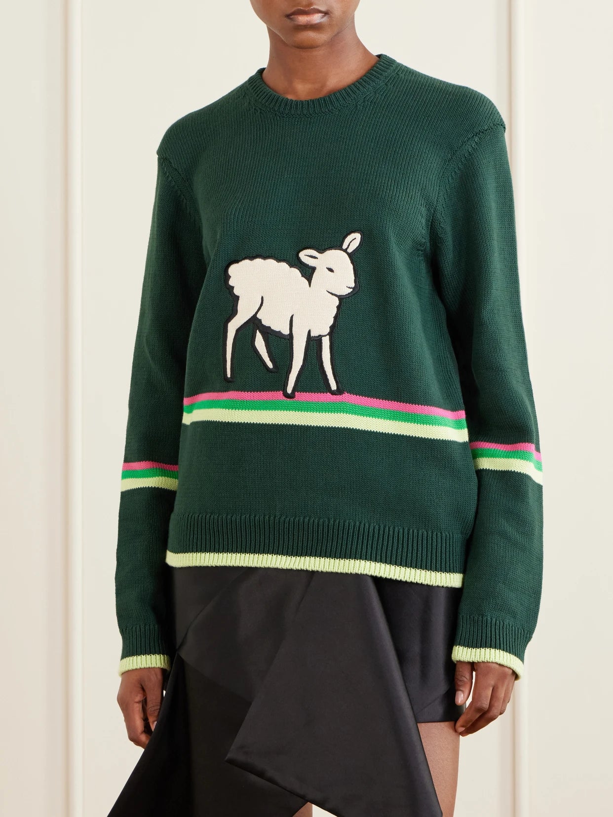 Sheep Embroidered Striped Cotton Sweater