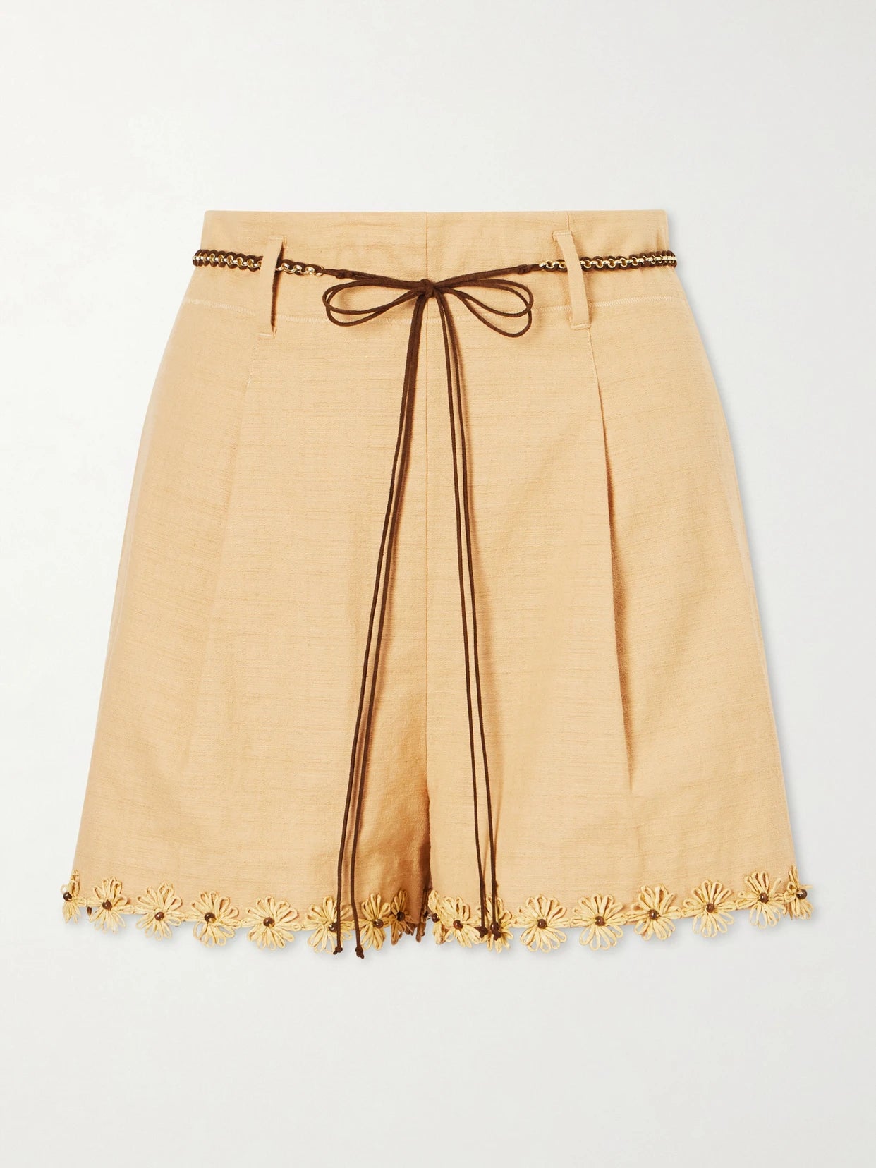 Mahon Flower Pleated Leather And Raffia-trimmed Cotton Shorts