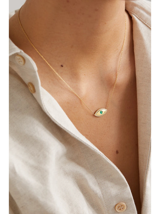 Image of Necklaces. Product name - Medium Evil Eye 18-karat Gold, Diamond And Emerald Necklace in Multi colour by brand - Jennifer Meyer