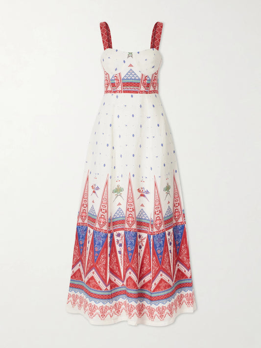 Image of Dresses. Product name - Azzurra Printed Linen Maxi Dress in Red colour by brand - Emporio Sirenuse