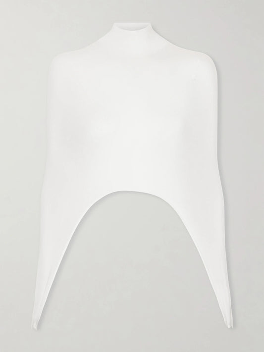 Image of a model wearing Tops. Product name - Cropped Turtleneck Silk-blend Top in White colour by brand - Alaïa