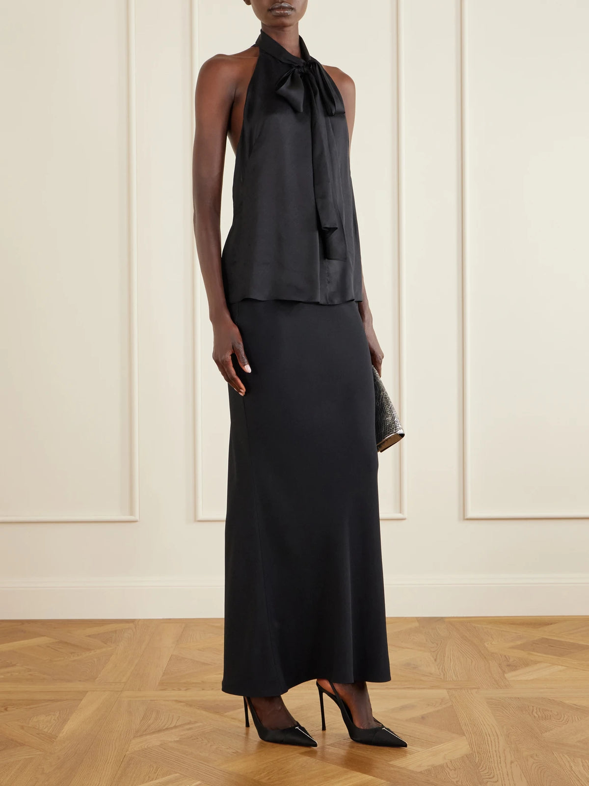 Image of Heels. Product name - 105 Crystal-embellished Satin Slingback Pumps in Black colour by brand - TOM FORD