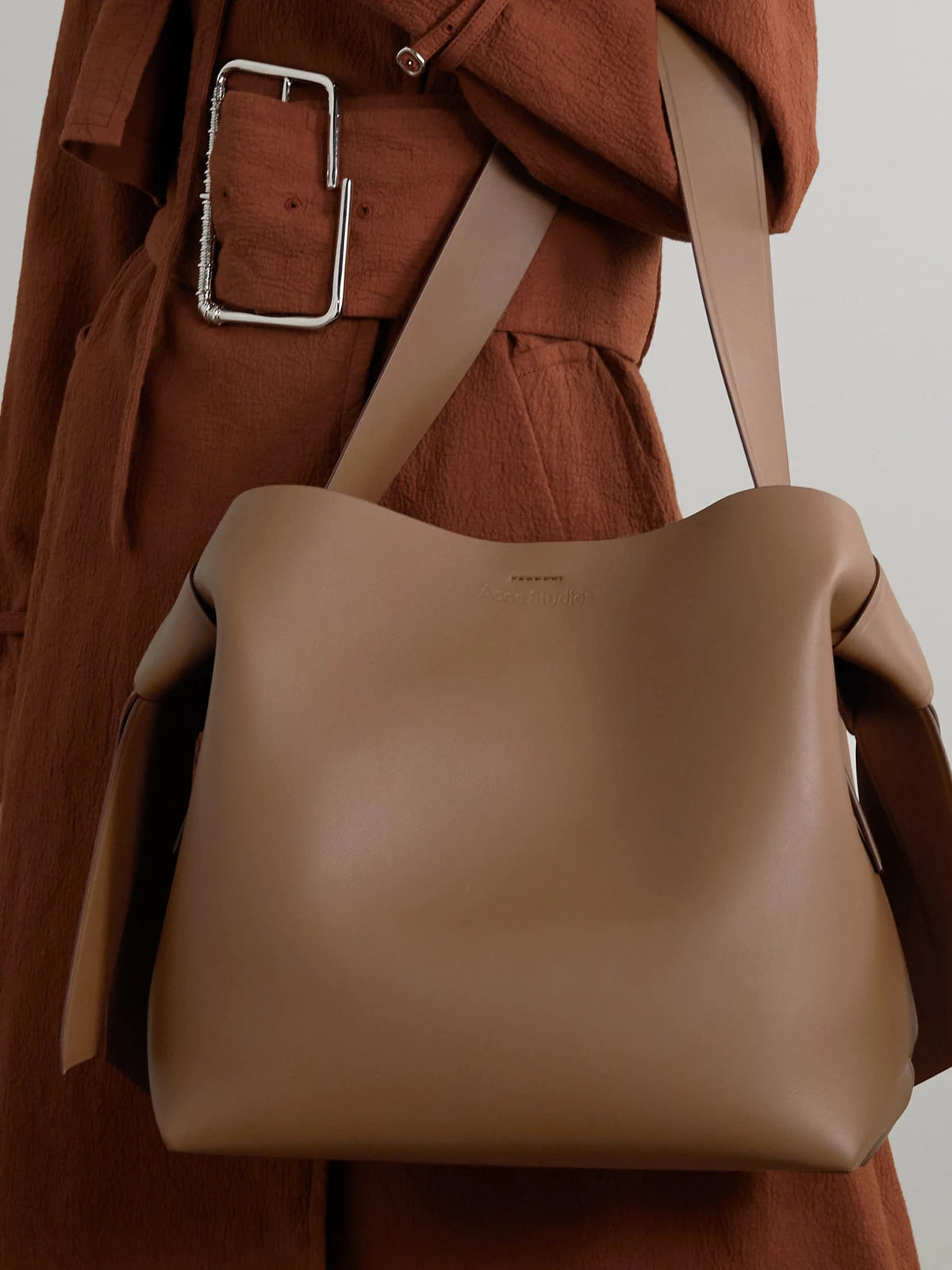 Image of Bags. Product name - Musubi Midi Knotted Leather Shoulder Bag in Tan colour by brand - Acne Studios
