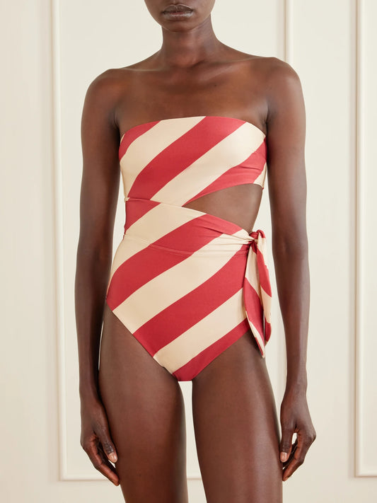 Image of Swimwear. Product name - Roselight Tie Bandeau Striped Swimsuit in Red colour by brand - Zimmermann