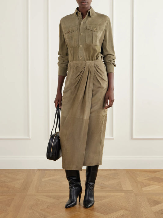 Image of a model wearing Skirts. Product name - Teegan Suede Midi Skirt in Army green colour by brand - Ralph Lauren Collection