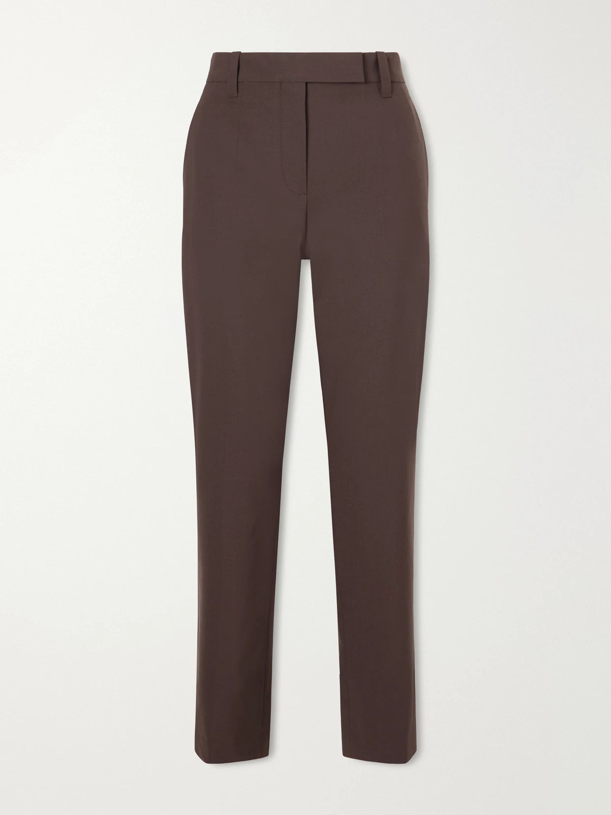 Image of a model wearing Pants. Product name - Tapered Wool-blend Pants in Dark brown colour by brand - Brunello Cucinelli