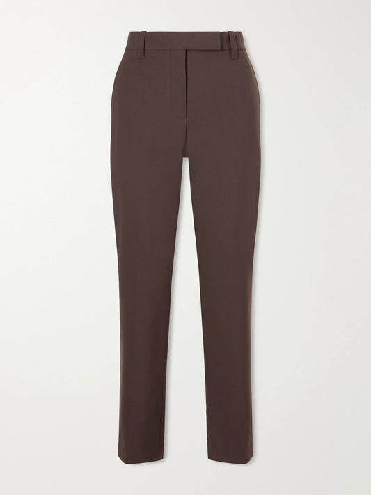 Image of a model wearing Pants. Product name - Tapered Wool-blend Pants in Dark brown colour by brand - Brunello Cucinelli