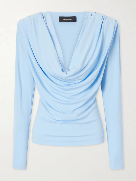 Image of a model wearing Tops. Product name - Draped Crepe-jersey Top in Blue colour by brand - WARDROBE. NYC