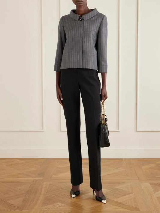 Image of Coats & Jackets. Product name - Striped Wool Grain De Poudre Jacket in Dark gray colour by brand - Valentino Garavani