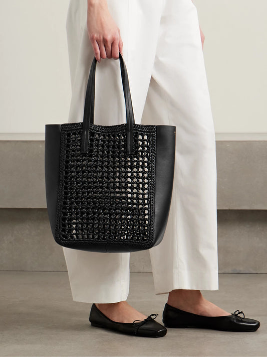 Image of Bags. Product name - Zoe Small Leather And Raffia Tote in Black colour by brand - KHAITE