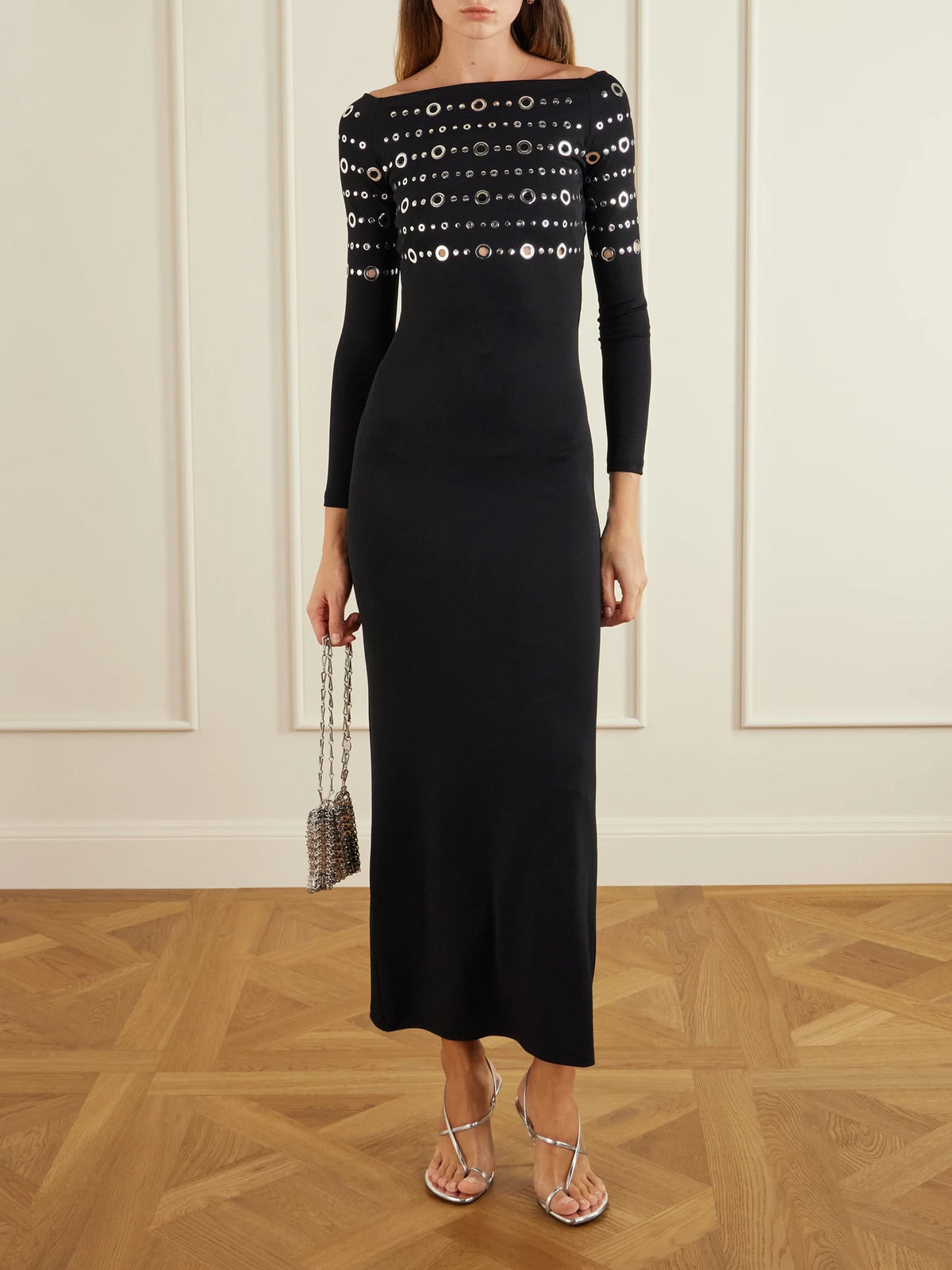 Image of Dresses. Product name - Eyelet-embellished Jersey Midi Dress in Black colour by brand - RABANNE