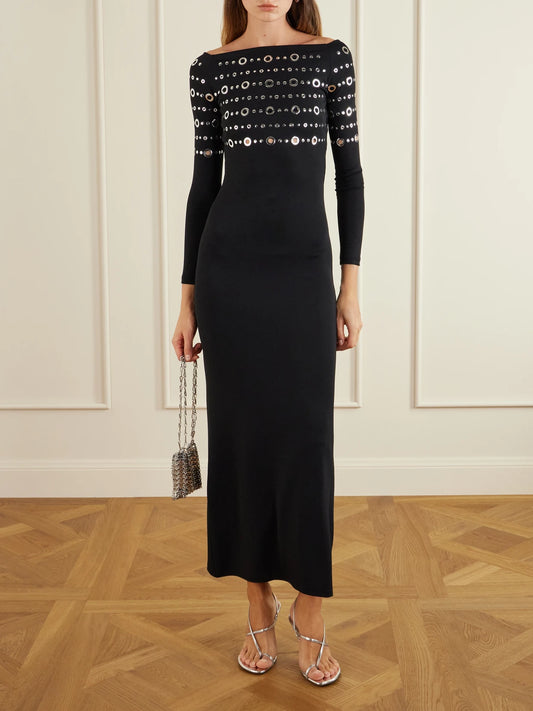 Image of Dresses. Product name - Eyelet-embellished Jersey Midi Dress in Black colour by brand - RABANNE