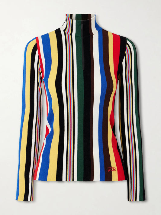 Image of a model wearing Tops. Product name - Striped Ribbed-knit Half-zip Turtleneck Top in Multi colour by brand - LOEWE