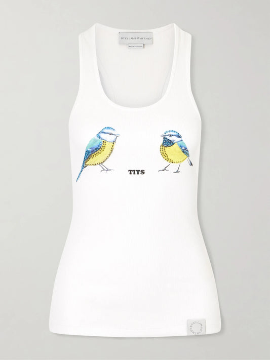Image of a model wearing Tops. Product name - Hot Fix Crystal-embellished Printed Ribbed Stretch-cotton Tank in White colour by brand - Stella McCartney