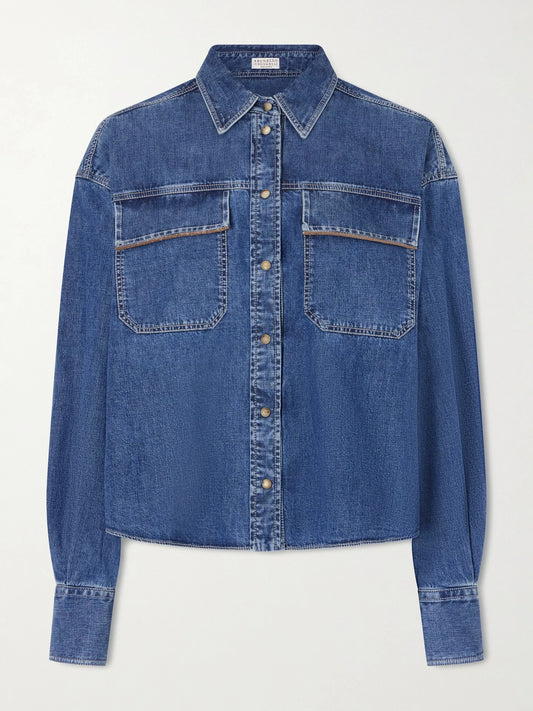 Image of a model wearing Tops. Product name - Bead-embellished Denim Shirt in Light denim colour by brand - Brunello Cucinelli