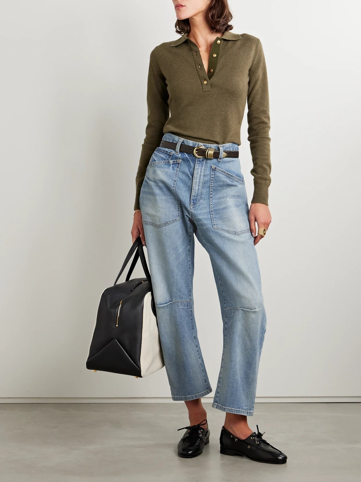 Image of Jeans. Product name - Shon High-rise Tapered Jeans in Blue colour by brand - Nili Lotan