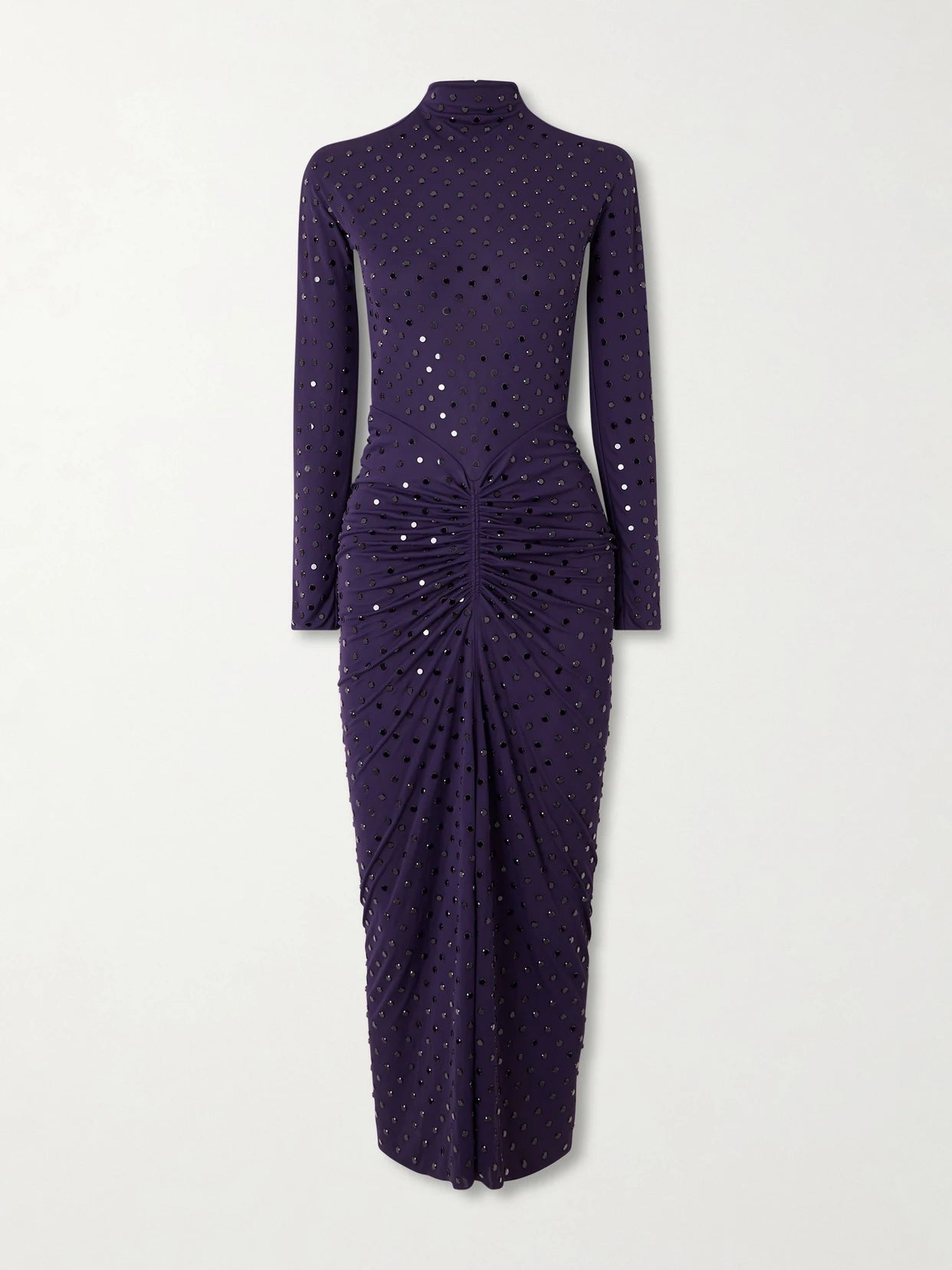 Image of Dresses. Product name - Gathered Crystal-embellished Jersey Midi Dress in Dark purple colour by brand - Alaïa