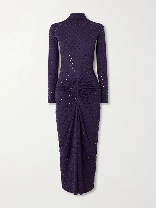 Image of Dresses. Product name - Gathered Crystal-embellished Jersey Midi Dress in Dark purple colour by brand - Alaïa