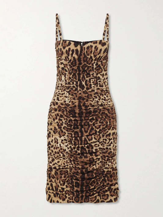 Leopard-print Ruched Silk-blend Mini Dress