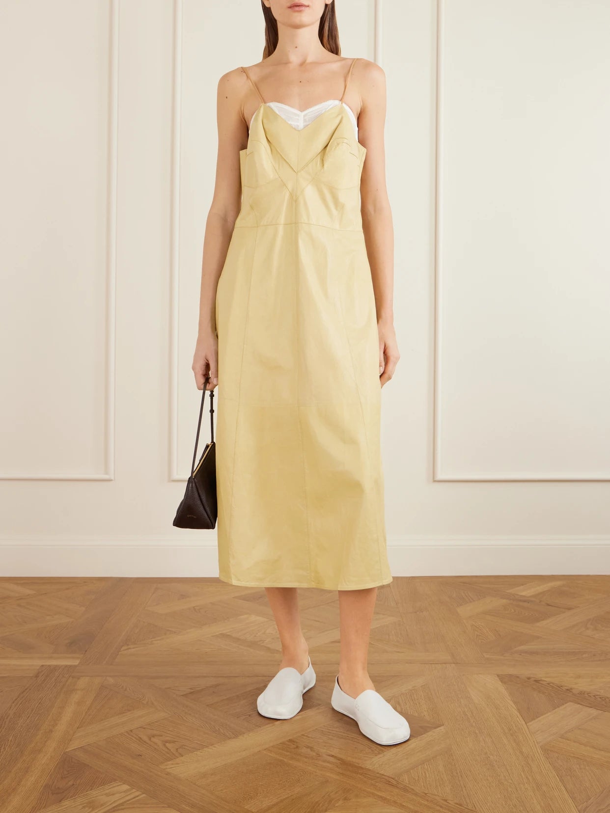 Image of Dresses. Product name - Fia Leather Midi Dress in Beige colour by brand - Calvin Klein Collection