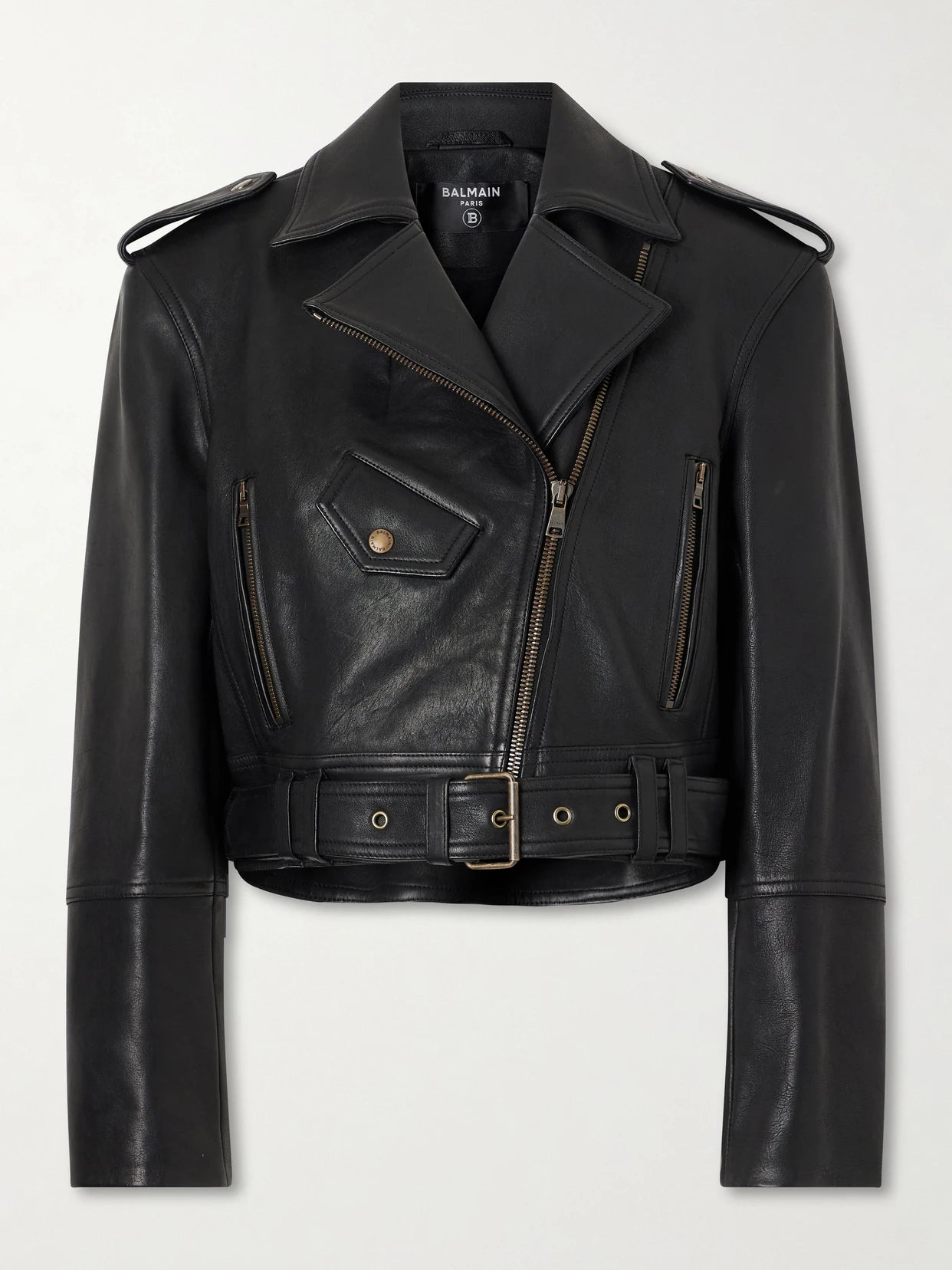 Cropped Belted Leather Biker Jacket
