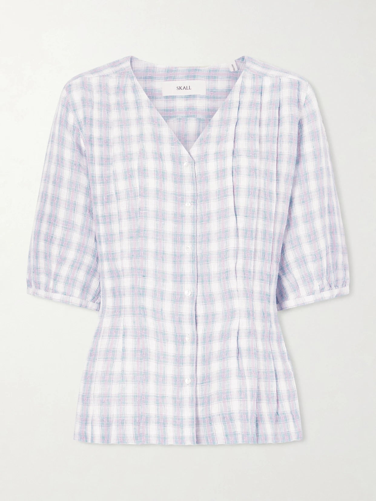 Image of Shirts. Product name - Elvira Pleated Checked Linen Shirt in Purple colour by brand - SKALL