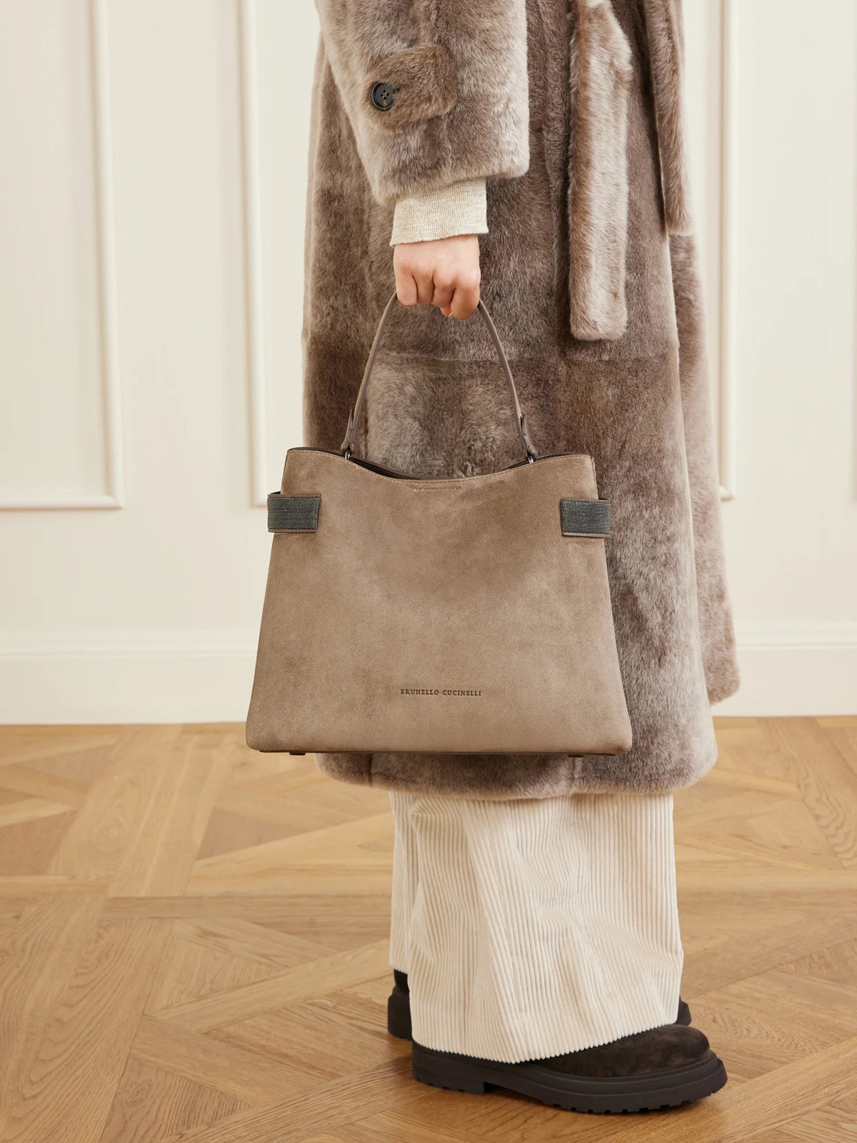 Image of Bags. Product name - Bead-embellished Suede Shoulder Bag in Dark gray colour by brand - Brunello Cucinelli