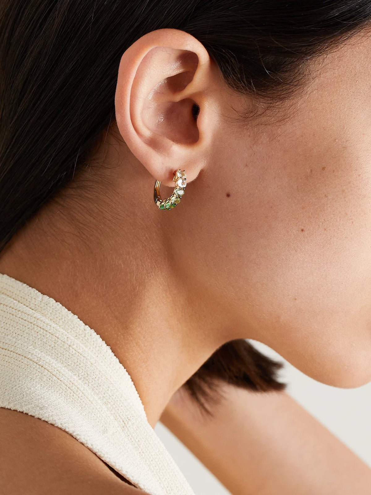 Image of Earrings. Product name - 14-karat Gold Sapphire Hoop Earrings in Green colour by brand - Roxanne First